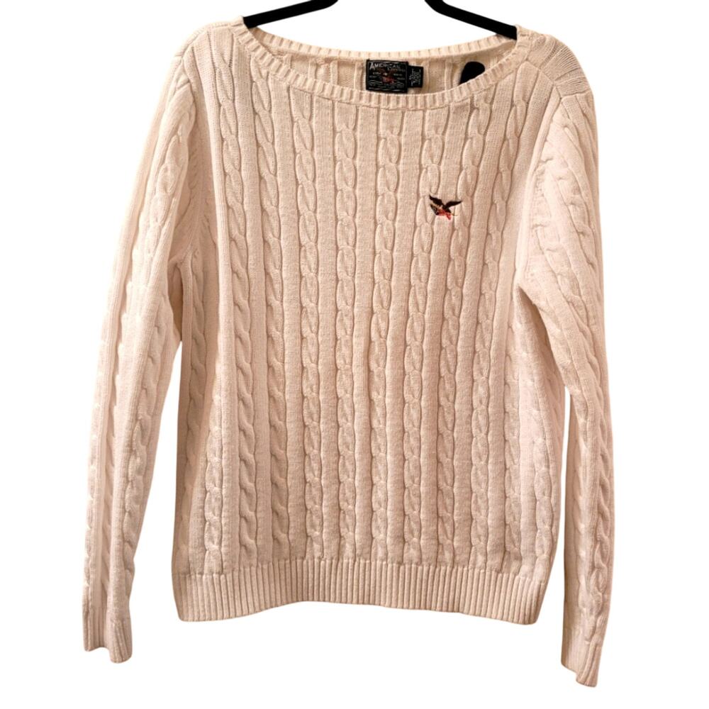 Vtg Y2K American Eagle White Chunky Cable Knit Sweater Cotton Preppy XL Beachy